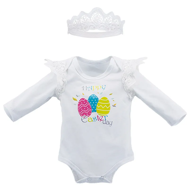 Bébé Vêtements 2018 Date Vêtements De Pâques Filles Combinaisons Oeufs Colorés À Manches Longues En Dentelle Barboteuse + Couronne Bandeau 2 Pcs Bébé Filles Vêtements