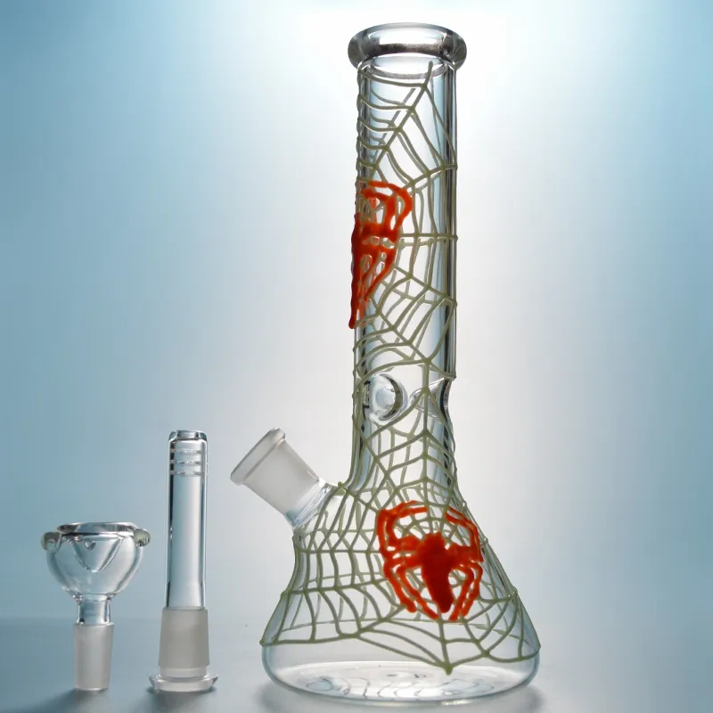 DHL Mooie Spider Web Bongs Hookahs Glow in The Dark Glass Bong Staight Tube DAB RIGHT Water Pipe Beker Bangs GID02