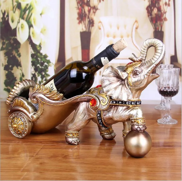 Artesanía, soportes de vino de oro y plata de lujo hechos a mano, estatua de caballo, figuritas de elefante, estantes de mesa para decoración del hogar