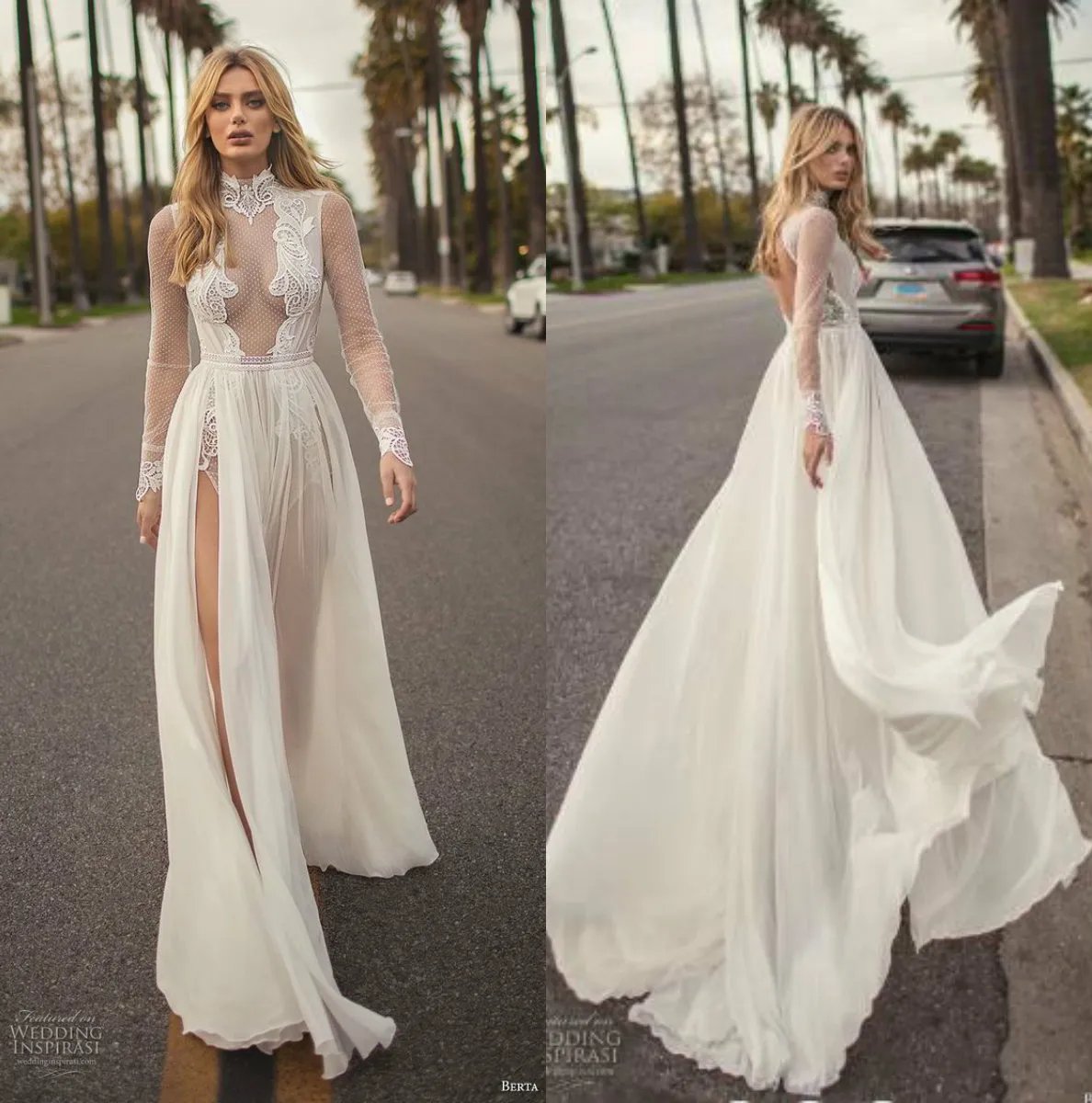 2019 Berta Abiti da sposa Collo alto Manica lunga Fessura Abiti da sposa Taglie forti Abito da sposa Fairy Beach