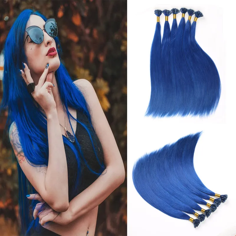 U Nail Shaped Tip Remy Human Hair Extensions Color Blue Pre Bonded Fusion 50 Strands 1g/Strand Nail U Tip Hair Extension