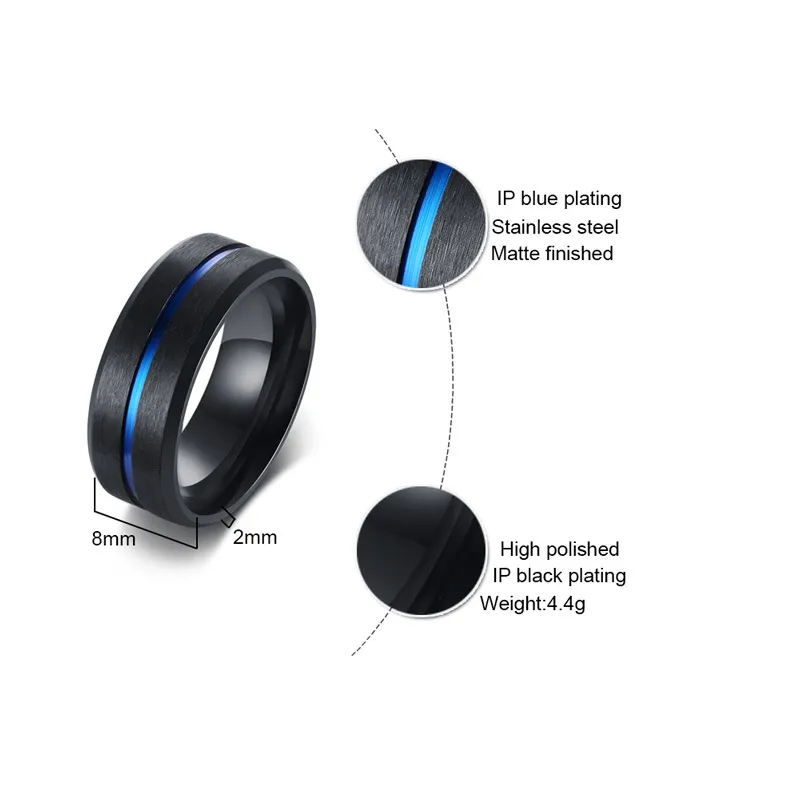 Storlek 7-12 Herrarna Black Color Titanium Steel Ring Holiday 8mm Blue Grooved Alliance Manliga Casual Jewelry Wedding Bands215T