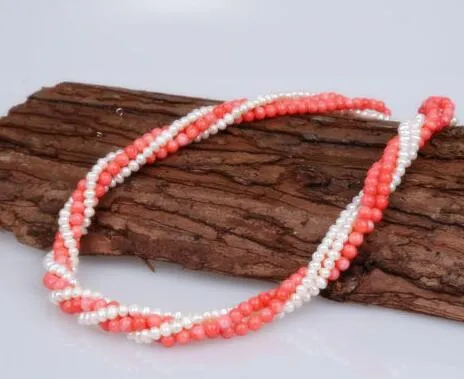 18" Pink Coral & White Cultured Freshwater Pearl Beads Twisted Necklace