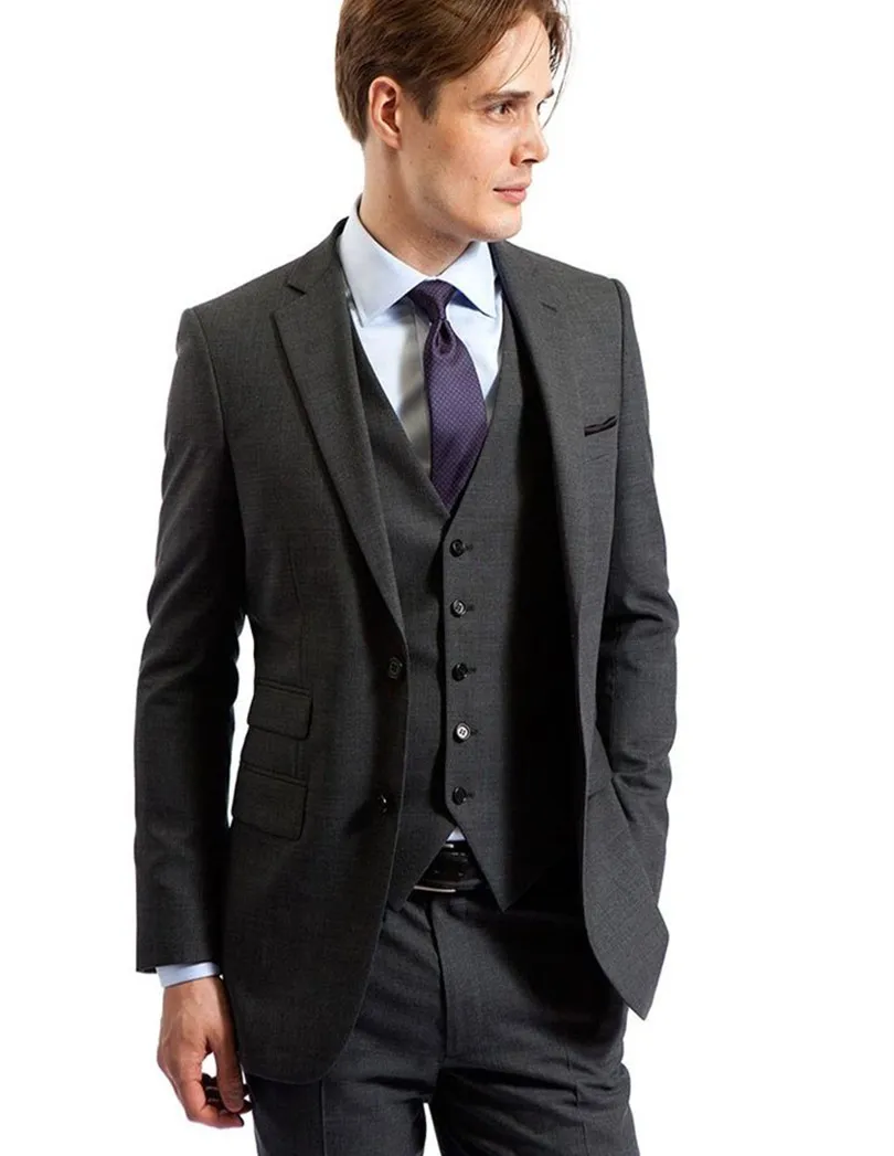 Fashion Dark Grey Groom Tuxedos Excellent Men Wedding Tuxedos Notch Lapel Two Button Men Formal Busines Party Suit(Jacket+Pants+Tie+Vest)62