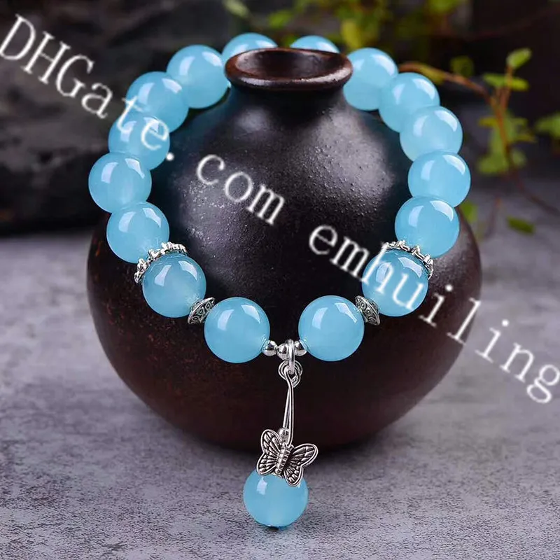 10Pcs Aquamarine Blue Chalcedony 12mm Round Smooth Loose Beads Stretch Bracelets with Tibetan Silver Butterfly Charm Throat Chakra Soothing