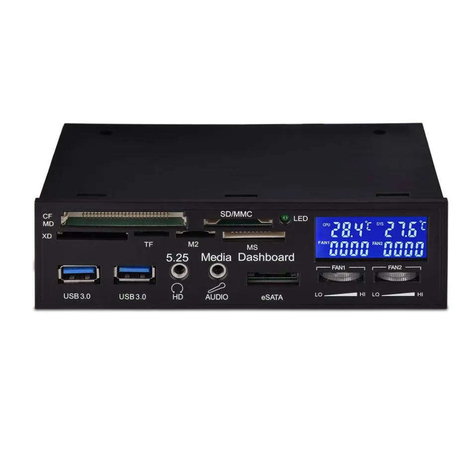 Freeshipping USB3.0 PC Media Dashboard Frontpanel ESATA Multifunktionskortläsare Höghastighets 100mbs Fläktkontroll med LCD-skärm