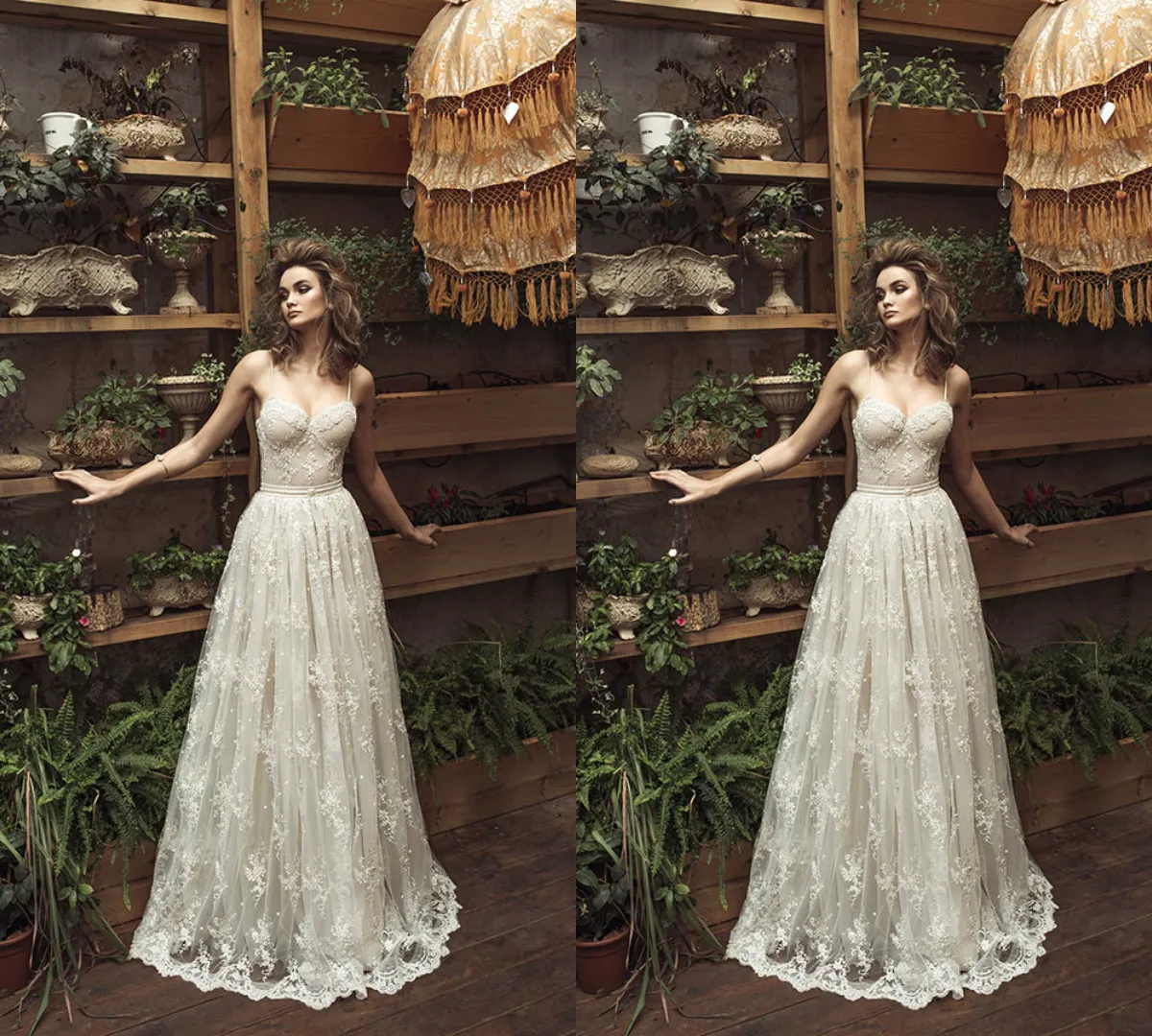 A Line Spaghetti Strap Lace Wedding Dress With Appliques, Belt