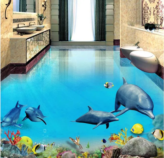 Poissons tropicaux dauphin monde sous-marin 3D stéréo salle de bains carrelage carrelage peinture au sol papier peint