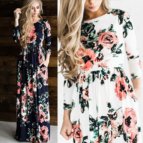 Fashion Summer Europe and America New Women fulllength Party dresses roundneck long sleeve long foral dress top quality8539991