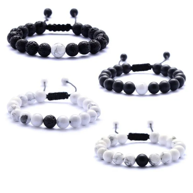 Lava Pulseiras De Pedra Frisado Tecelagem Preto Ágata Pedra Branca Pulseira de Pedra Natural Pulseira Para As Mulheres Moda Jóias Artesanato 8 MM de Contas