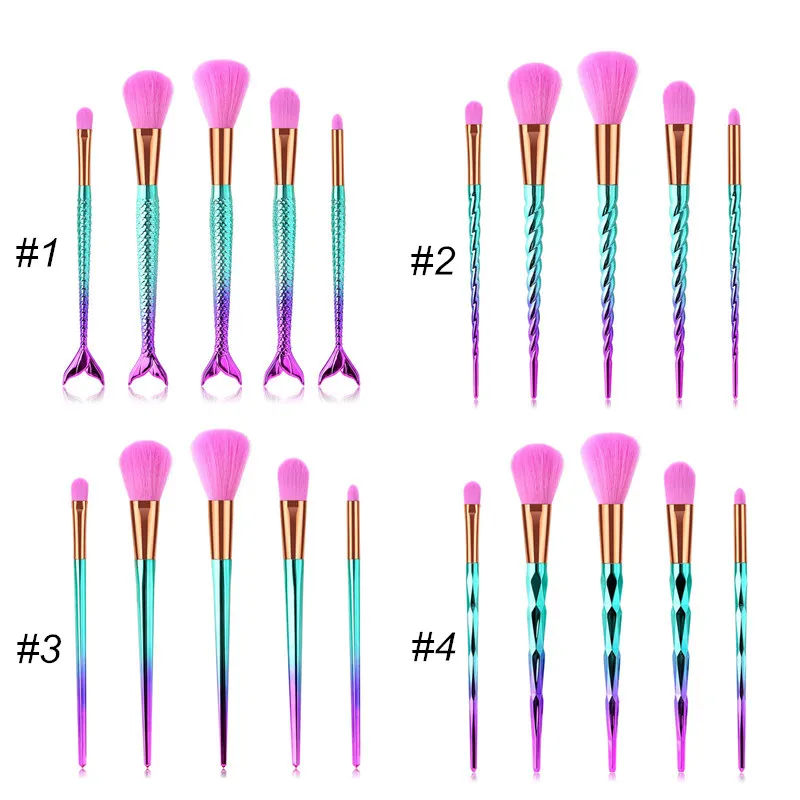 Conjunto de escova de maquiagem de gradiente colorido 5 pcs sereia profissional compõem pincéis kit para fundação pó facial occreador sombra