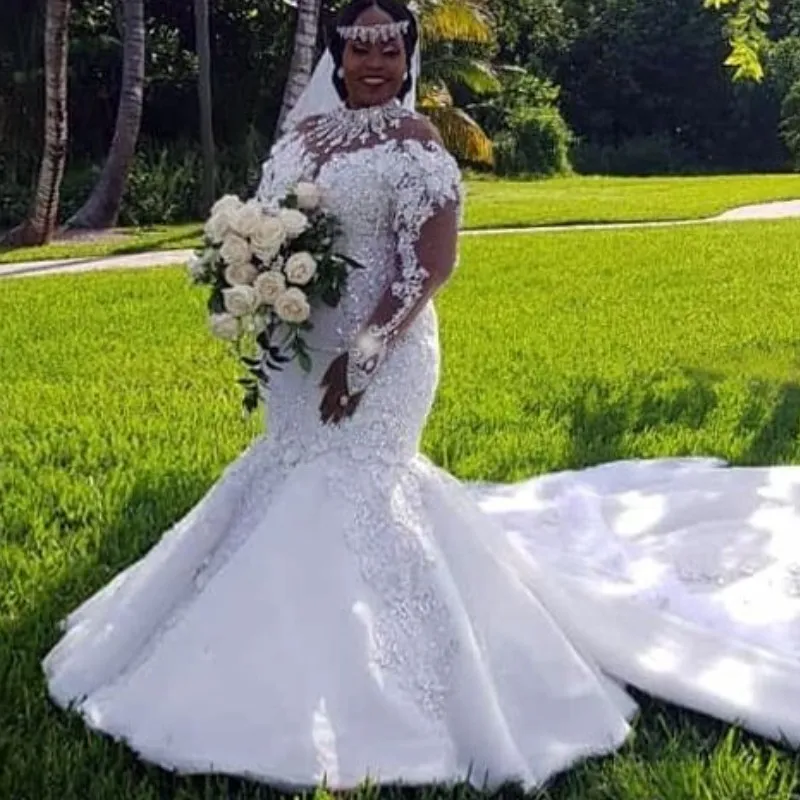 Luxury Rhinestone Arabic Mermaid Wedding Dress With High Neck Crystal Beads Lace Appliques And Long Sleeves Gorgeous Dubai Bridal Gown From Xzy1984316 225.99 DHgate.Com