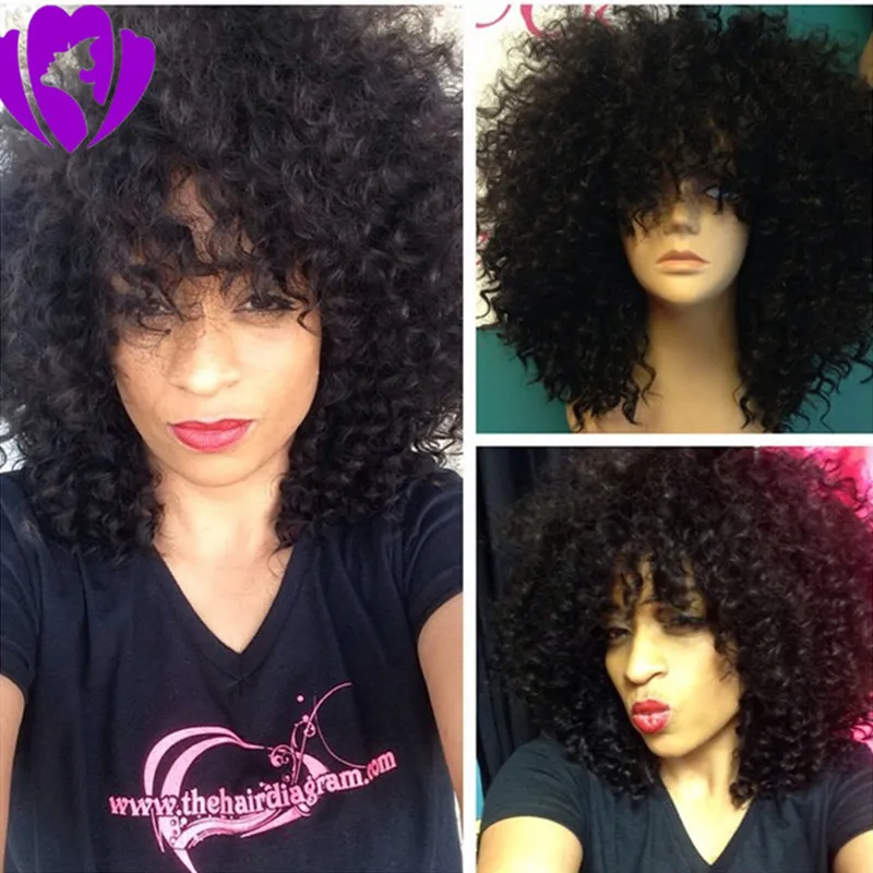 무료 배송 블랙 / 브라운 / 버건디 / 블론 Natural Afro 가발 곱슬 곱슬 합성 레이스 프론트 가발 여성을위한 짧은 앞머리 가발