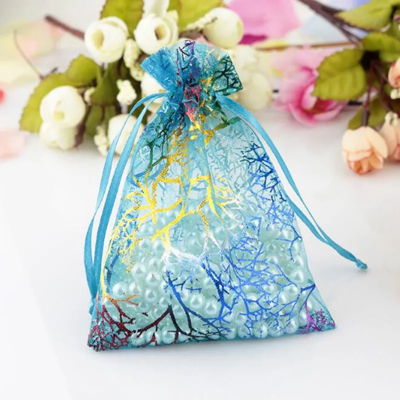 100 Stuks Blauw Koraal Mode Organza Sieraden Gift Pouch Tassen 7x9 cm Tasje Organza Gift Snoep Zakken DIY Gift Bags303Y