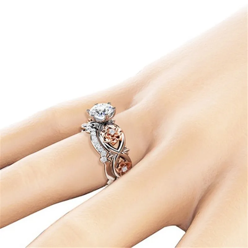 Silver Plated Set Crystal Wedding Rings Lovers Gifts Rhinestone Rings for Women Rose Flower Ring SJ