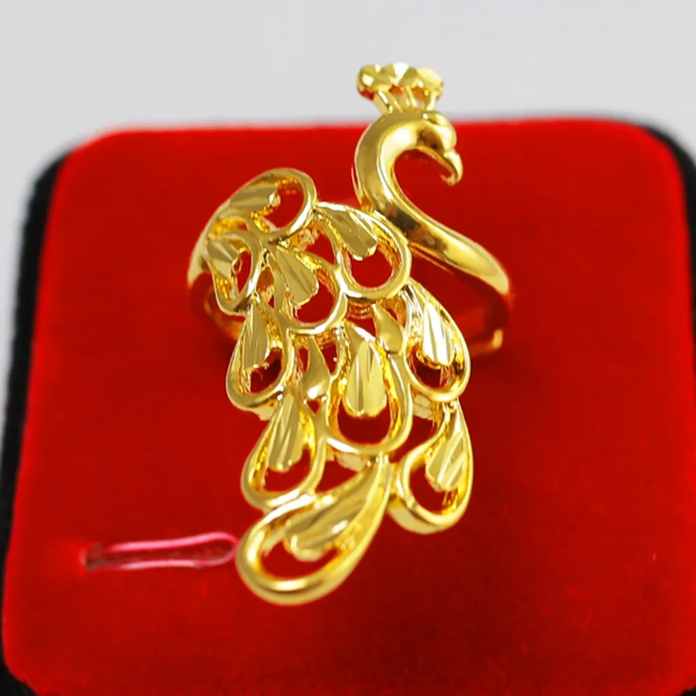 Peacock Ring Beautiful Gift Fashion Lady Accessories 18k Yellow Gold Filled Womens Ring Jewelry Size Adjust