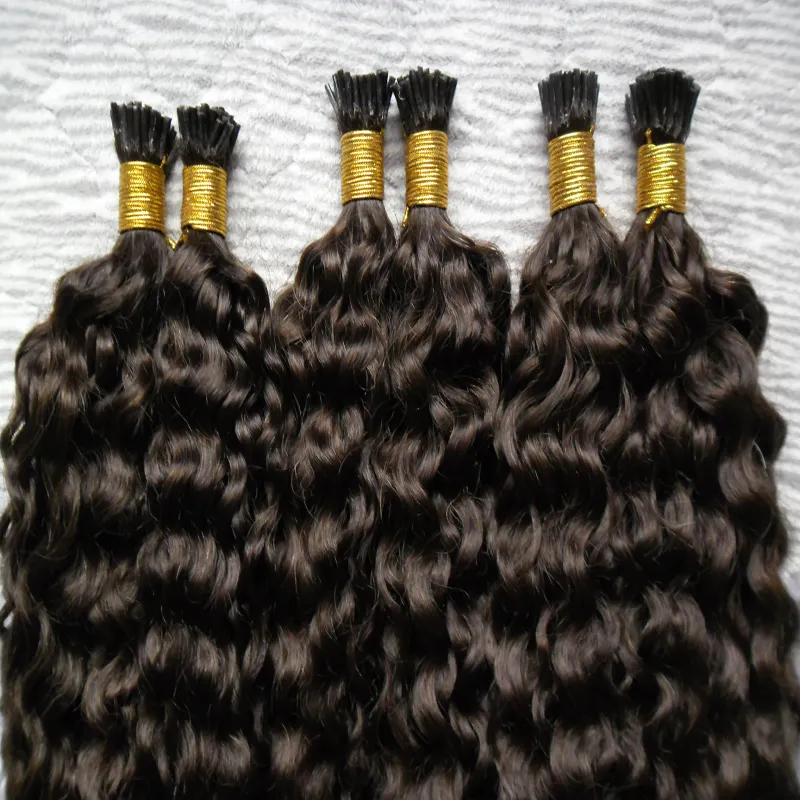 Estensioni dei capelli prebonded Fusion Kinky Curly 300g / ciocche Keratin Stick I Tip Estensioni brasiliane dei capelli umani prebonded # 2 Marrone più scuro