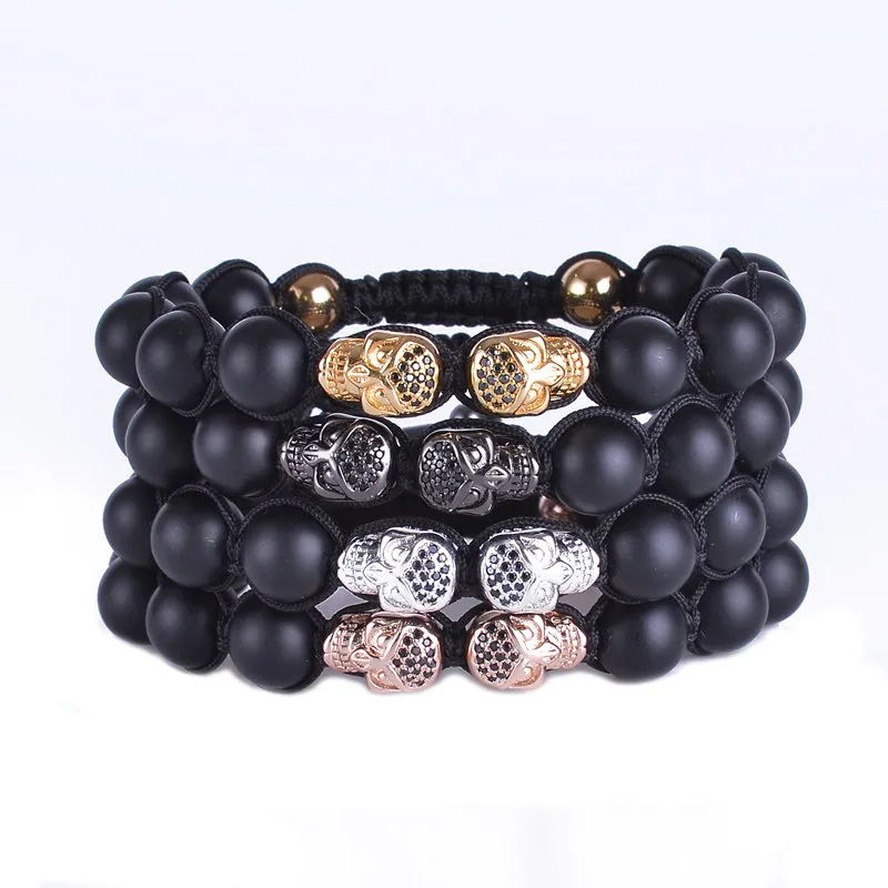 BraccialettiBracciale rigido da uomo Bracciale con perline in pietra nera opaca Doppio scheletro Teschio Micro pavimenta CZ Gioielli punk rock3841647