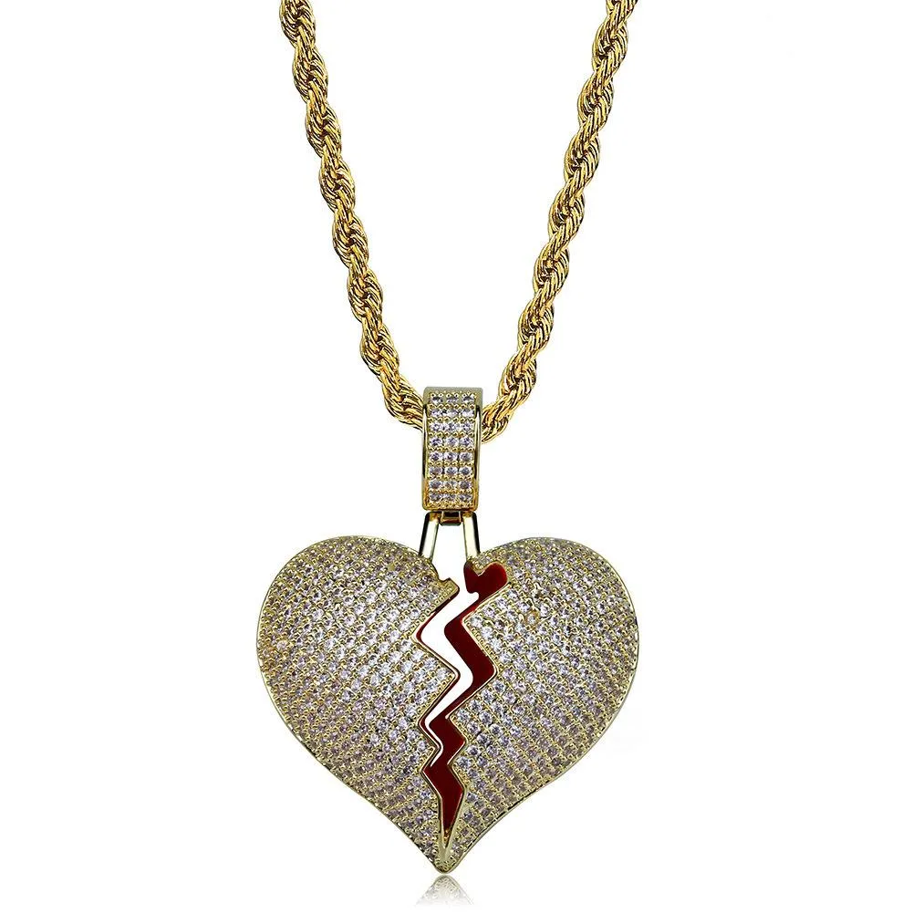 Solid gebroken hart ketting hanger nieuwe mannen vrouwen hiphop sieraden bling kubieke zirkoon gouden kleur met touw ketting voor geschenk