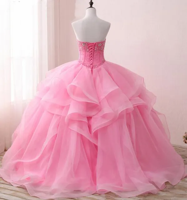 New Arrival Pink Ball Gown Wedding Dresses Sweetheart Crystals Boning Design Ruffles Skirt Lace-up Back Bridal Gowns Corset