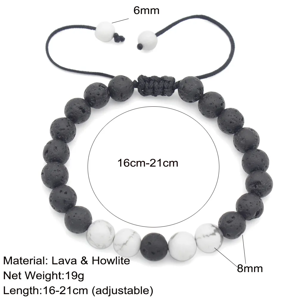 Ny ankomst 8mm Lava Rock Charm Armband Vit Turkos Natursten Kvinnor Beaded Armband Bangle för Mens Justerbara Handgjorda Smycken