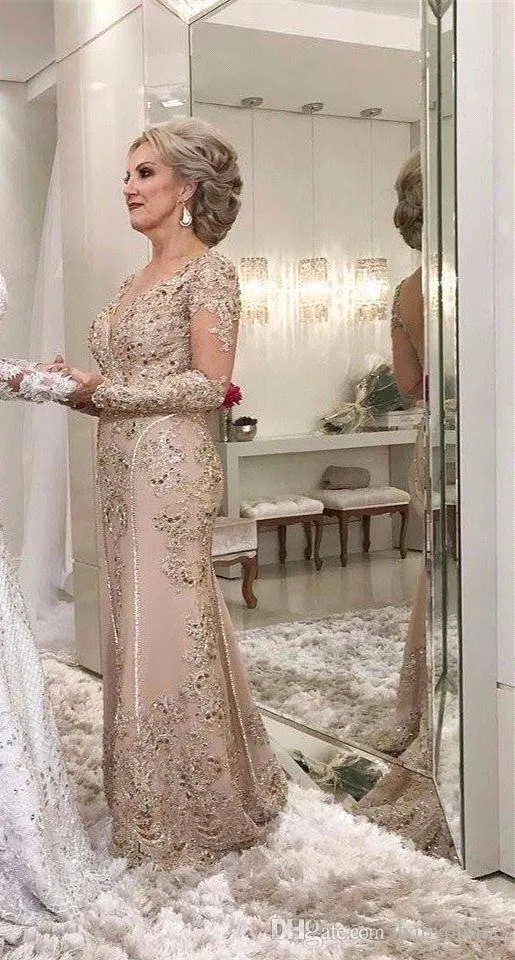 2019 Mãe do Sheer Noiva Vestidos A linha do partido casamento formal madrinha Evening mangas compridas Os hóspedes Vestido Plus Size Custom Made