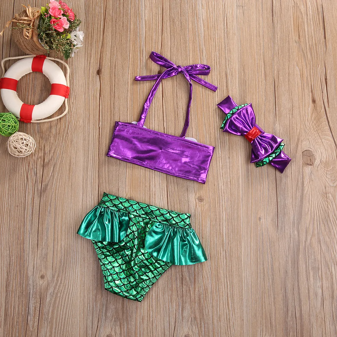 Ensemble Bikini 3 pièces pour petites filles, maillot de bain sirène avec bandeau, ensemble de vêtements de plage petite princesse