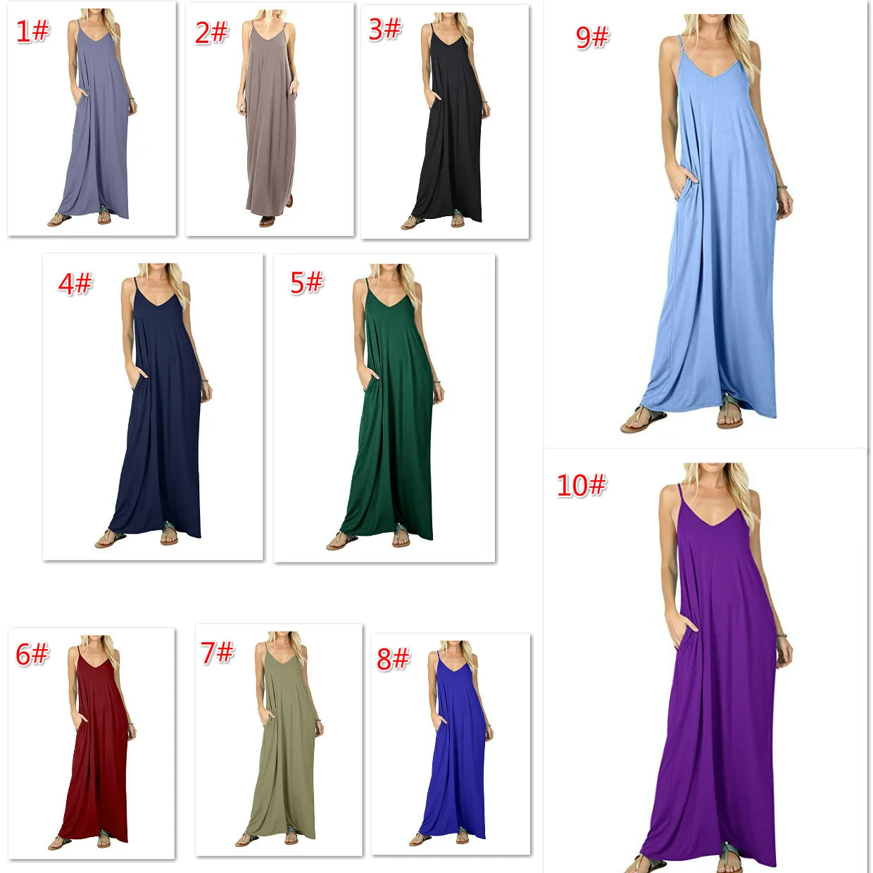 10Corlors New Pure Colour Sling Long Dress con Pocket Abiti estivi tinta unita Abito premaman Abiti donna Beach Abito premaman