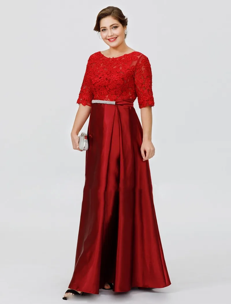 Gorgeous Floor Length Mother Of Bride Dresses Illusion Lace Applique Half Sleeve Satin Women Dress Plus Size Sexy Prom Gowns