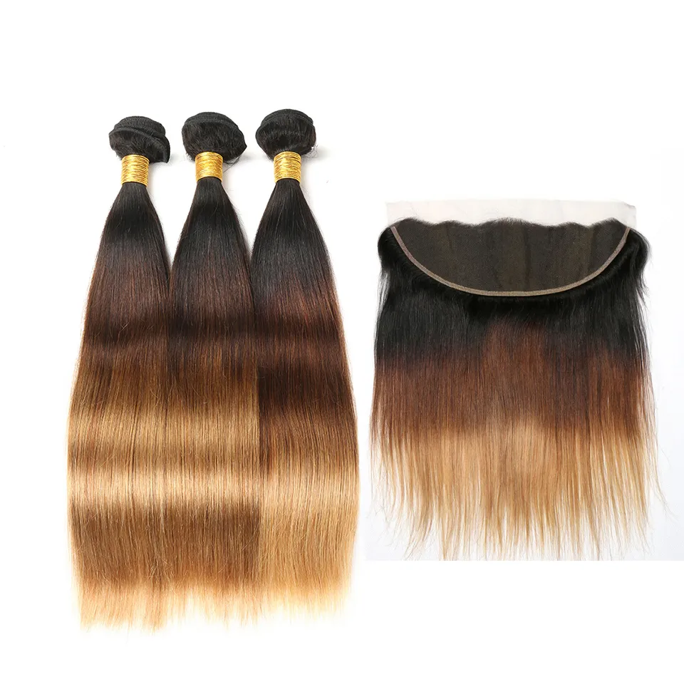 Three Tone #1B/4/27 Honey Blonde Ombre Virgin Peruvian Human Hair Bundles with 13x4 Lace Frontal Closure Silky Straight Human Hair Weaves