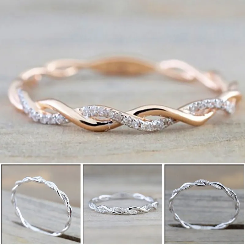 Wedding Rings jewelry New Style Round diamond Rings For Women Thin Rose Gold Color Twist Rope Stacking in Stainless Steel