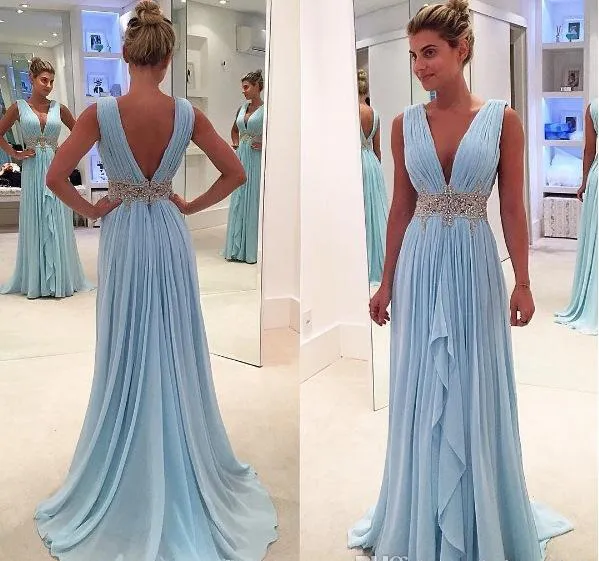 2019 Light Sky Blue Vestido de noche Escote en V profundo Largo Formal Holiday Celebrity Wear Vestido de fiesta de graduación por encargo Tallas grandes