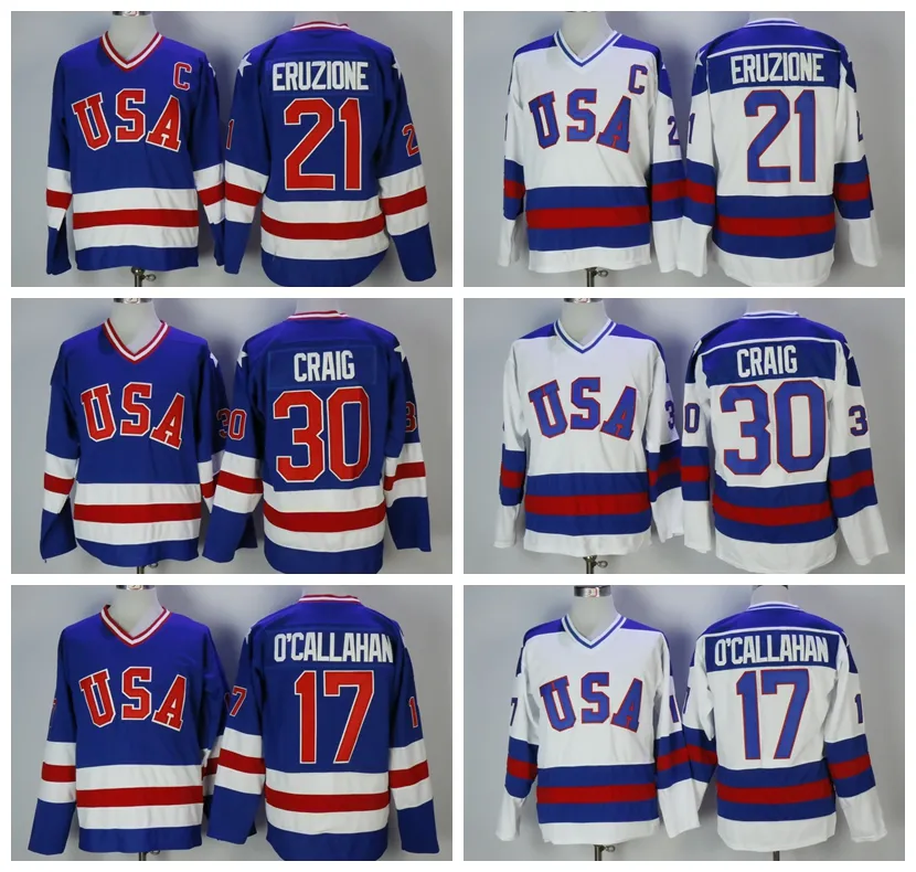 1980 Vintage USA Hockey-Trikots 21 MIKE ERUZIONE 30 JIM CRAIG 17 JACK O'CALLAHAN Blau Weiß genähtes Trikot C-Patch M-XXXL