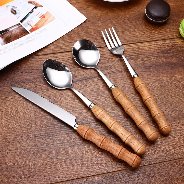 Wood Handle Cutlery Stainless Steel Food Silverware Dinnerware Utensil Silver Color Spoon Fork Knife Tea Spoon