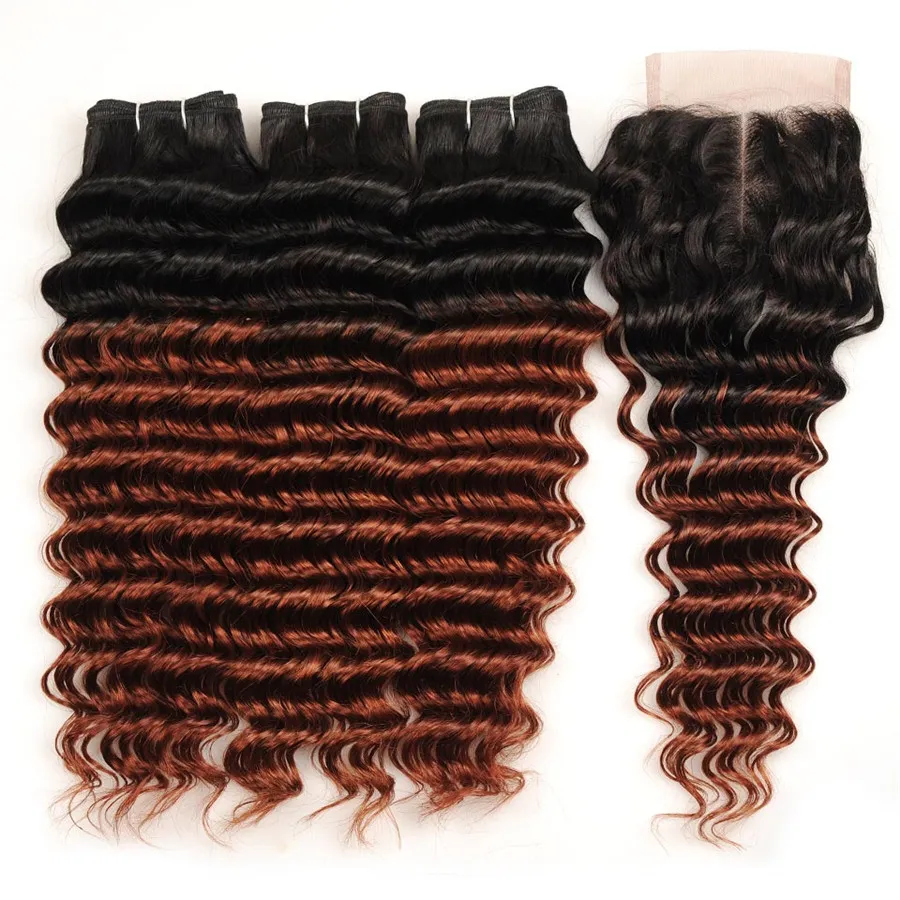 Brésilien # 33 Tisse 100% Extensions de Cheveux Humains Vague Profonde Auburn Foncé Ombre Cheveux 3 Bundles 8A Cheveux Brun Foncé Avec Fermeture En Dentelle