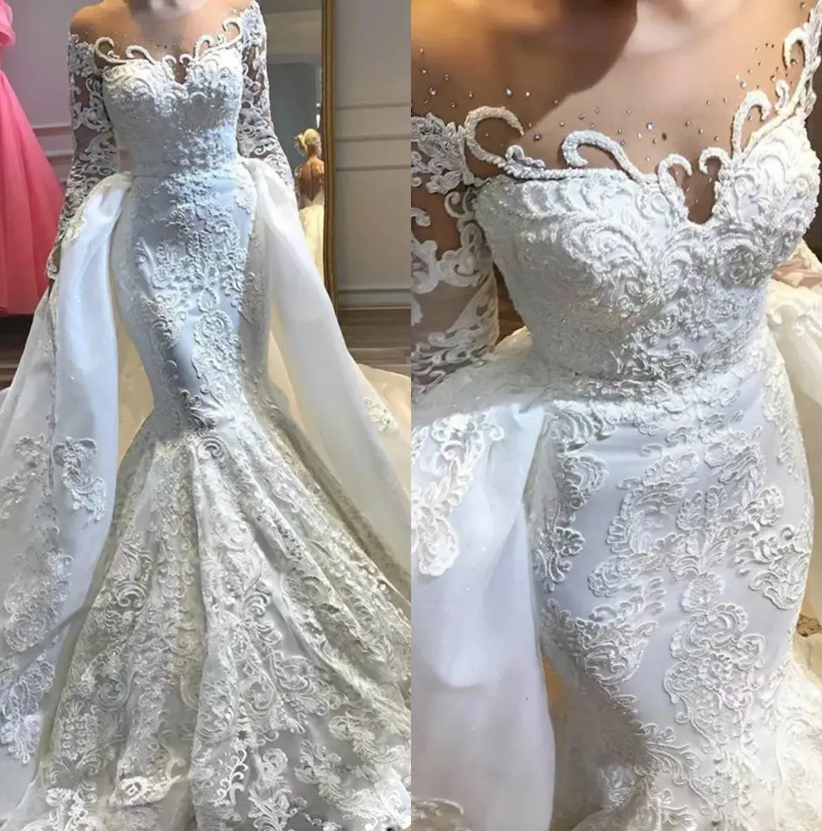 2019 Overskirt Mermaid Bröllopsklänningar med avtagbara tåg Sheer Neck Lace Bridal Gowns Beaded Långärmad Plus Storlek Dubaivestido de Novia