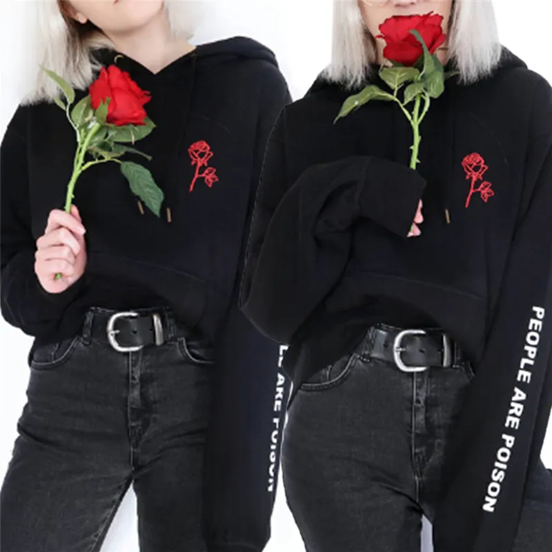 Nueva moda Sudadera con capucha negra para mujer People Are Poison Rose Sudadera con capucha de manga larga con estampado estético Pastel pálido