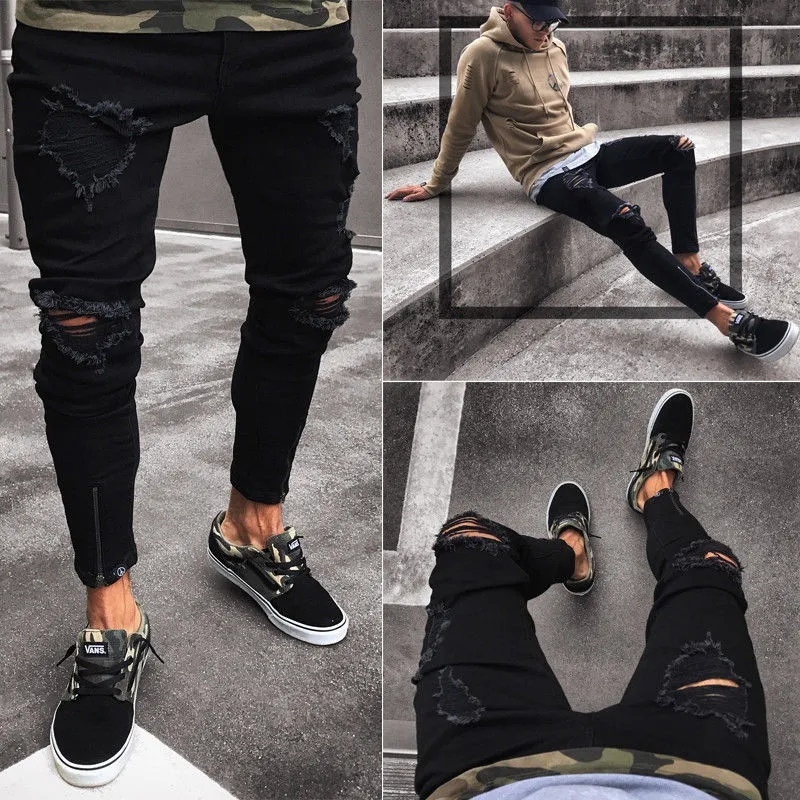 Black Pants for Men Hip Hop Rock Holes Ripped Jeans Biker Slim Fit Zipper Jean Distressed Pants