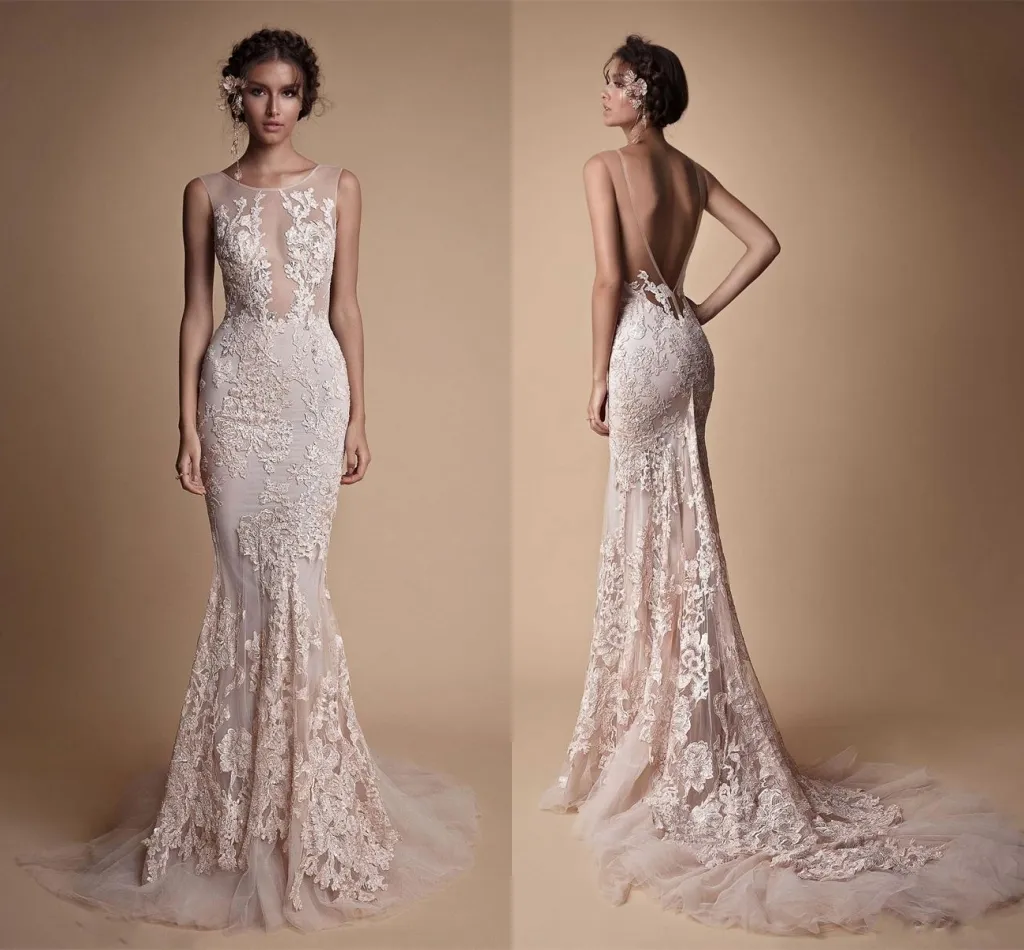 Berta Lace Applique Mermaid Evening Dresses Wear Sheer Neck Backless Full Length Custom Make Fishtail Prom Party Pageant Gowns DH4059