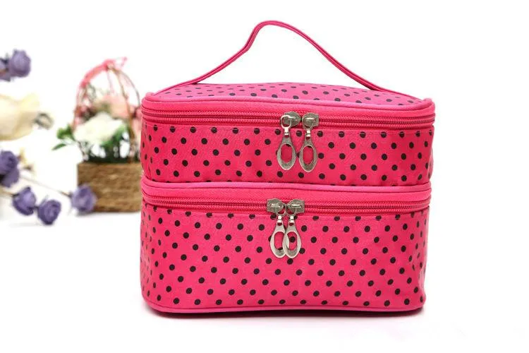 Borsa cosmetici a doppio strato Borsa trucco portatile Borsa il trucco da viaggio alla moda Piccoli puntini ragazza Bella borsa il trucco