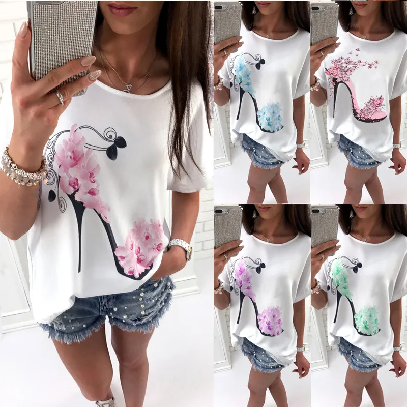 2018 New Cotton Fashion Loose Wonen's T-shirt Batwing Short Sleeve Tees Sexiga höga klackar Tryckbesättningshals Damer Tshirt