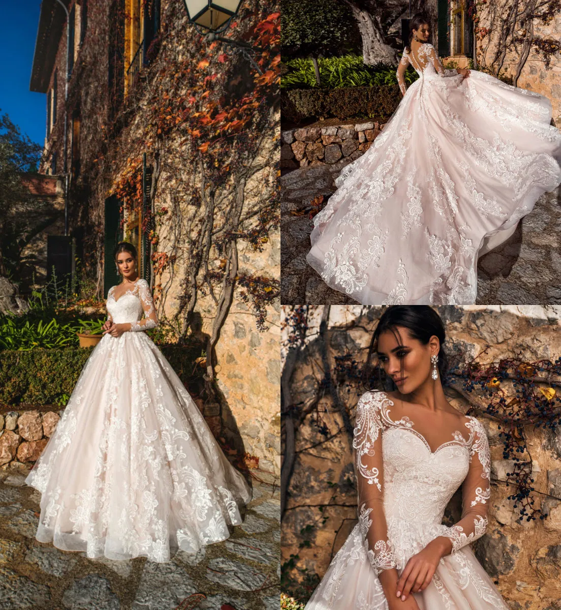 Blush Pink Lace A Line Beach boho lace wedding dress with Long Sleeves Customizable Plus Size Bridal Gown