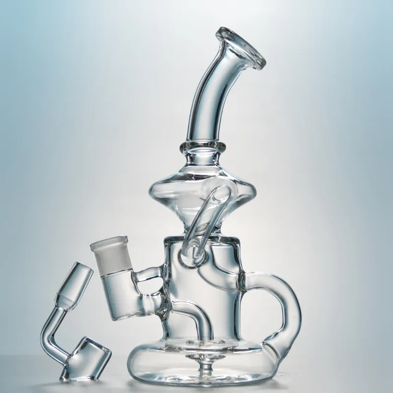 Clear Hookahs Klein Tornado Recycler Glass Bongs 14mm Kvinna Joint Water Pipes Bent Typ Bong 7,8 tum oljeplattform med skål eller banger HR024