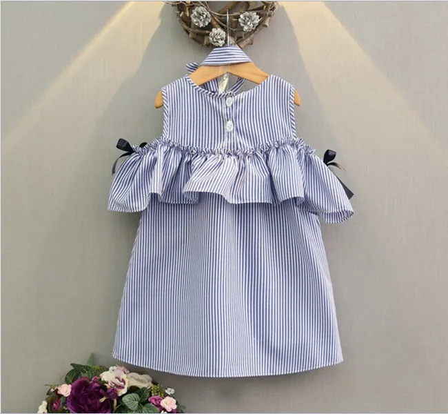 Verão crianças baby girl sem mangas vestido listrado bonito impressão listrado vestido de saia com headband criança crianças roupas de meninas do bebê