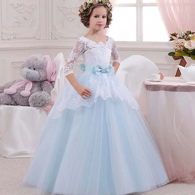 Glitz Aqua Blue Flower Girl Dresses Ball Gown Neckline Top Lace Little Girls Pageant Klänningar med Bow Sleeves Kids Communion Gowns Cheap