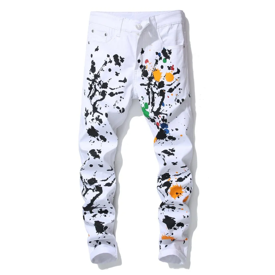 Men Printed White Pants DJ Graffito Splash Ink Paint Color Street Fashion Cool Unique Cotton Pants for Men