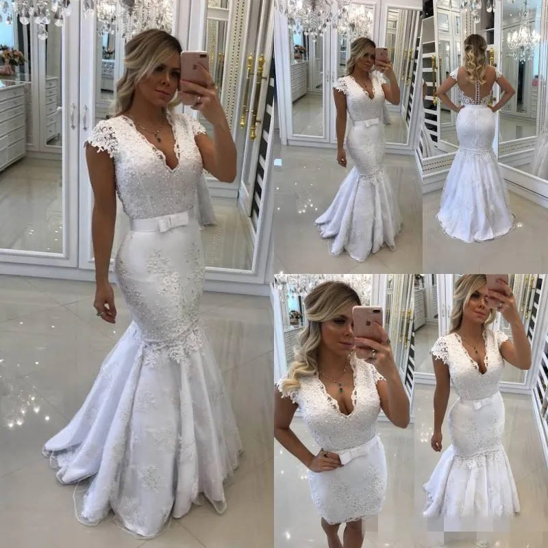 Vestidos de noite bonito branco duas maneiras de usar mangas curtas mangas Prom vestidos mergulhando com Applique frisado com vestidos de trem destacável