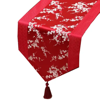 Camino de mesa de seda chino de patchwork de longitud corta, mantel rectangular de damasco con flores de cerezo para mesa de comedor de fiesta de boda, tapete de 150x33 cm