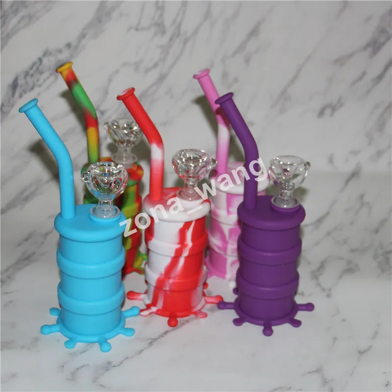 Narghilè colorati Bong in silicone con tubo dell'acqua in silicone con downstem in vetro dab rig Barilotto dab rig in silicone con giunto da 14 mm