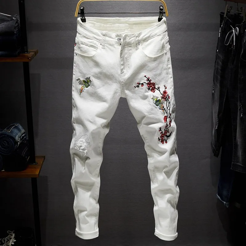 brand men jeans fashion 2018 embroidered denim jeans fit ripped tide white black blue denim trousers 38 36 34 28